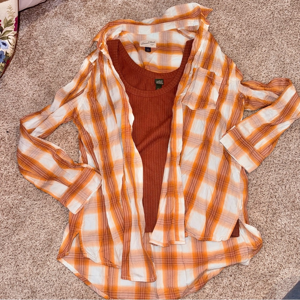 Universal Thread Orange and White Plaid Button Down Shirt